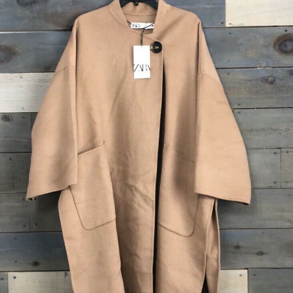 NWT Zara Wool Blend Fringed Cape Poncho Coat Brown